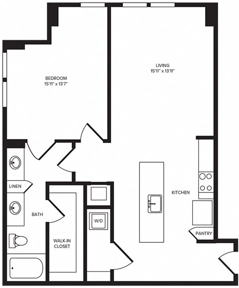 Floor plan for 1 bed, 1 bath, 963 sqft